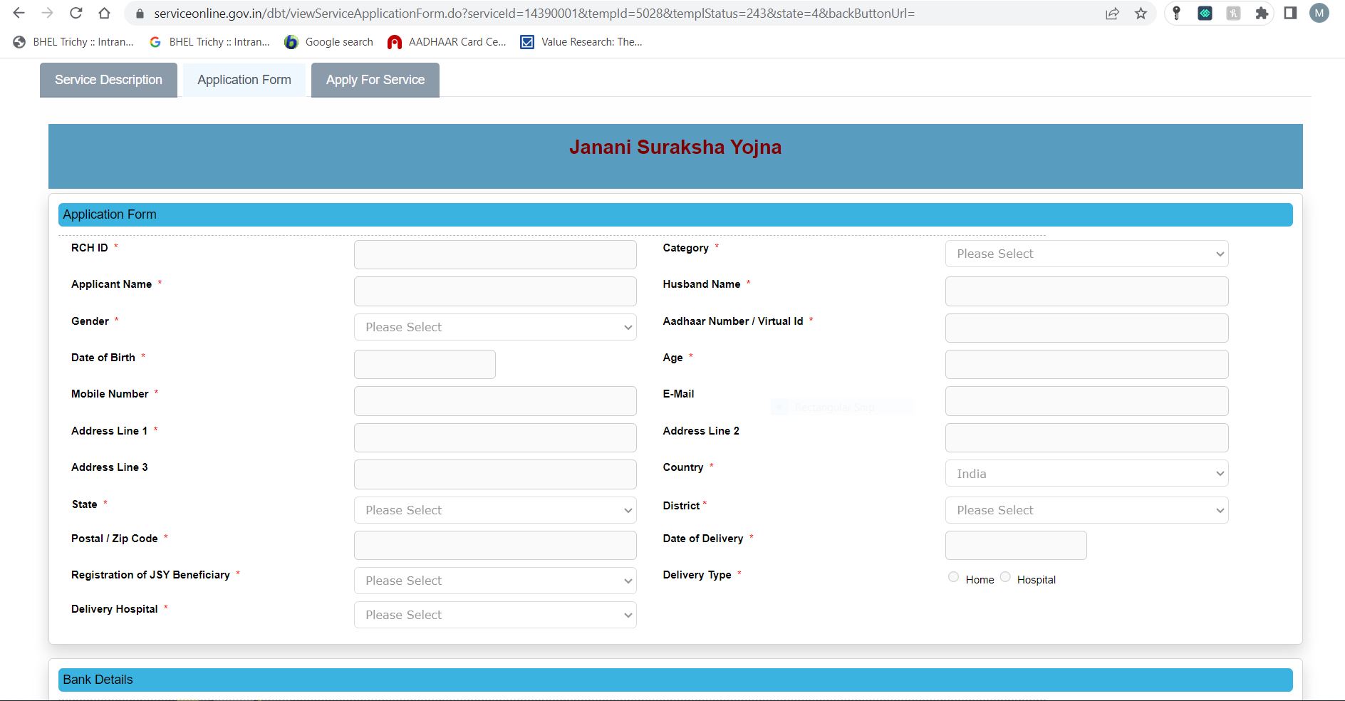 Registration for Janani Suraksha Yojna